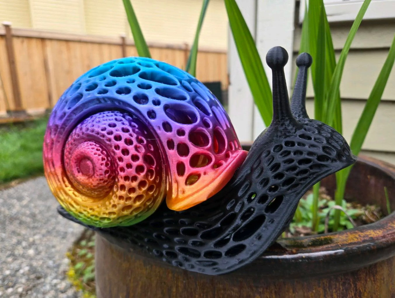 Rainbow Voronoi 3D printed snail sculpture with silk rainbow gradient shell and matte black lattice body on a plant pot