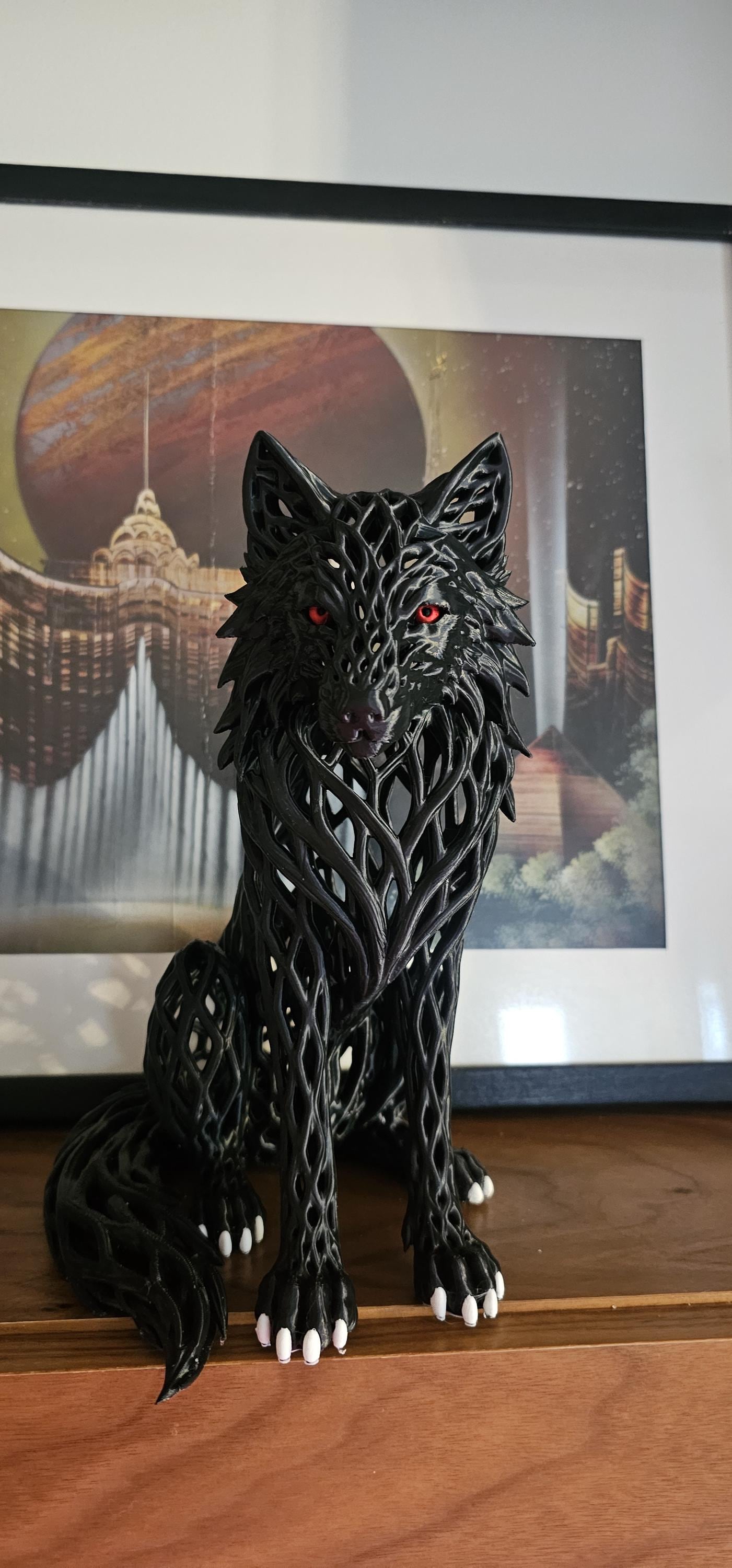 Matte Black Wolf Sculpture with Red Eyes – Gothic Filigree Design