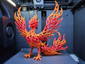 3D printed red-orange gradient phoenix sculpture with lattice wings