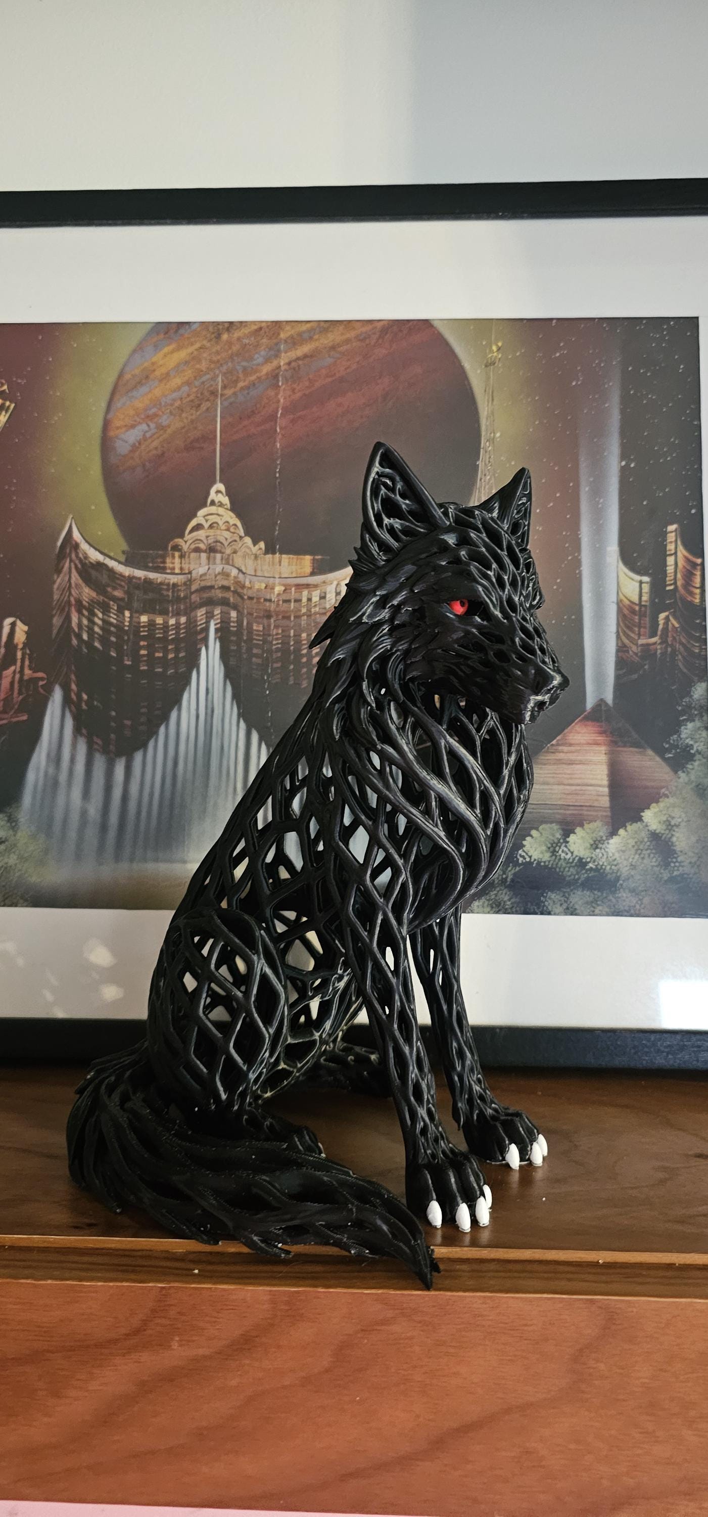 Matte Black Wolf Sculpture with Red Eyes – Gothic Filigree Design