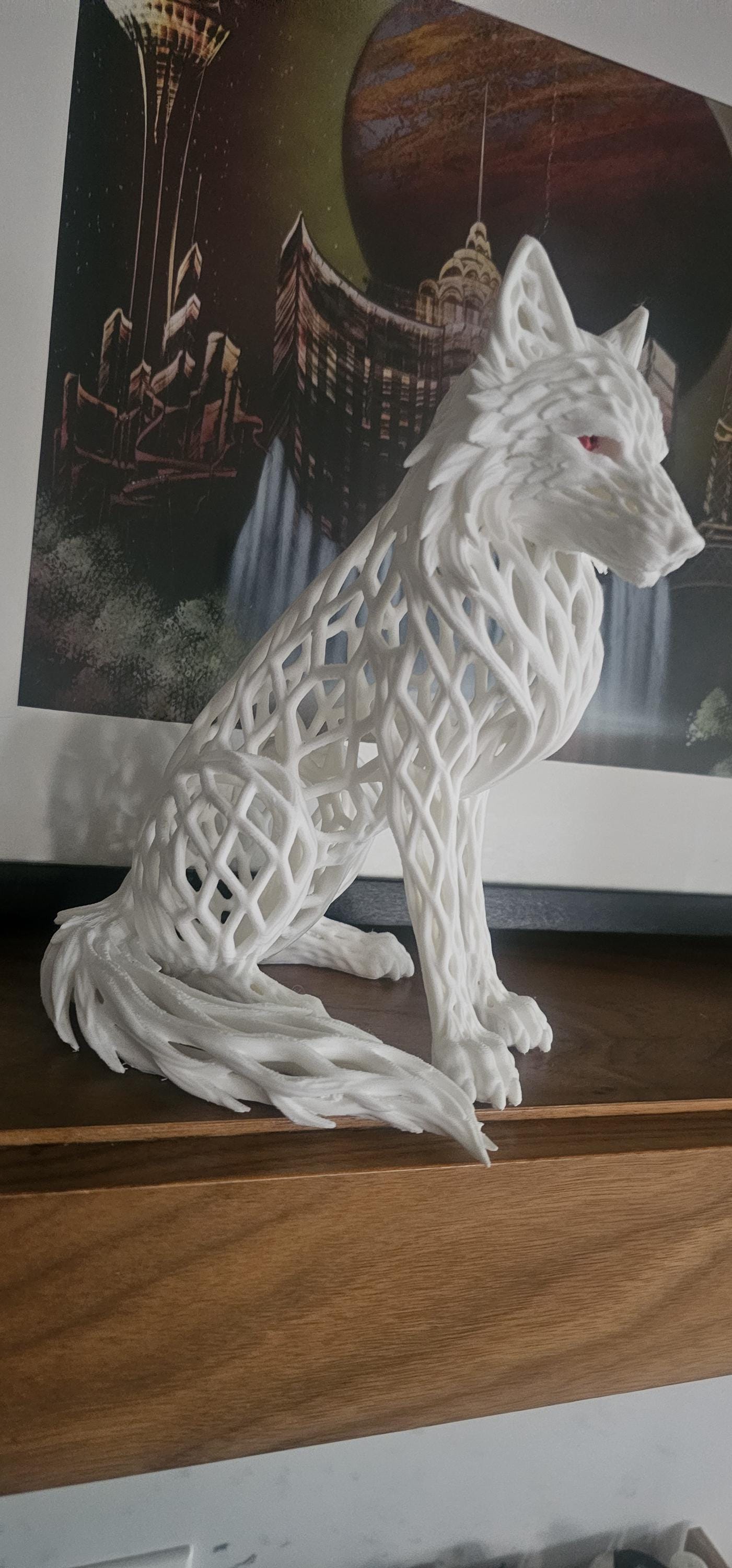 Matte Black Wolf Sculpture with Red Eyes – Gothic Filigree Design