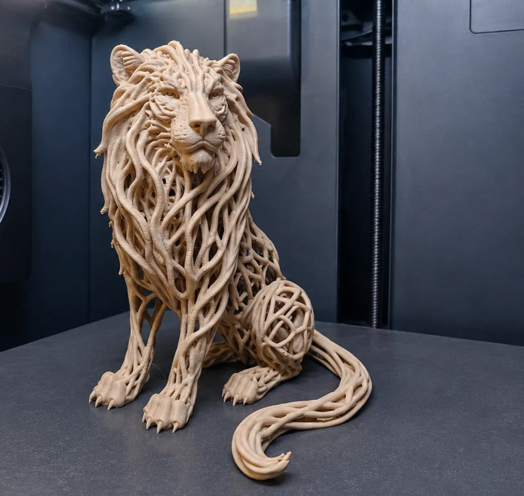 3D printed sandy beige lion sculpture with flowing lattice mane