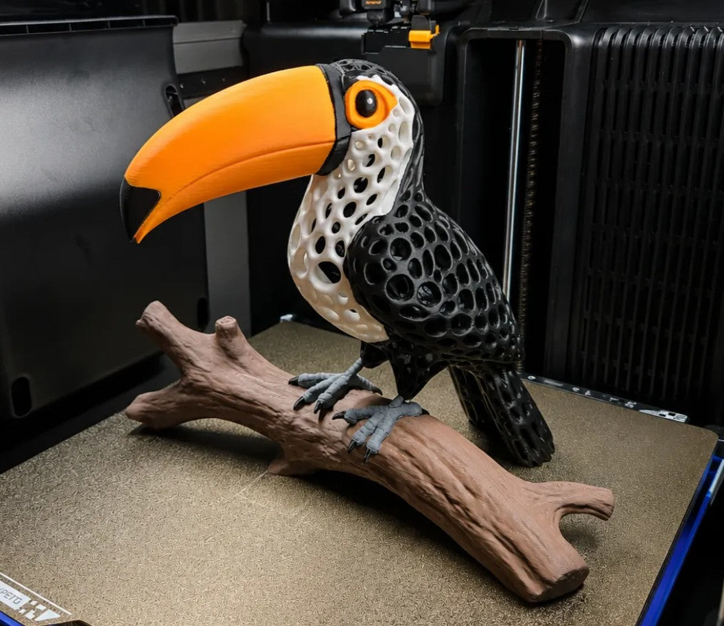 Multi-color 3D printed Toco Toucan sculpture with Voronoi lattice body perched on a branch