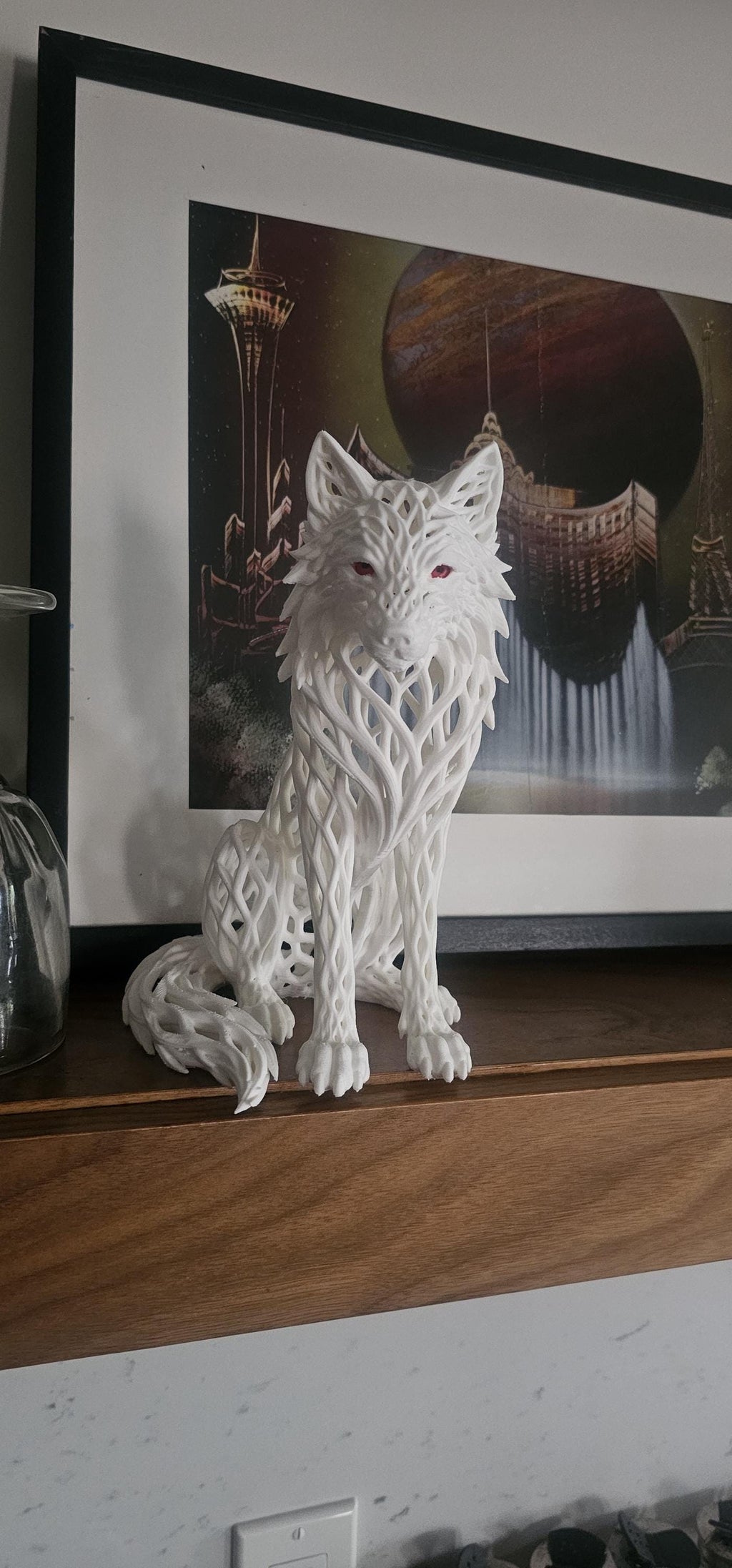 Matte Black Wolf Sculpture with Red Eyes – Gothic Filigree Design