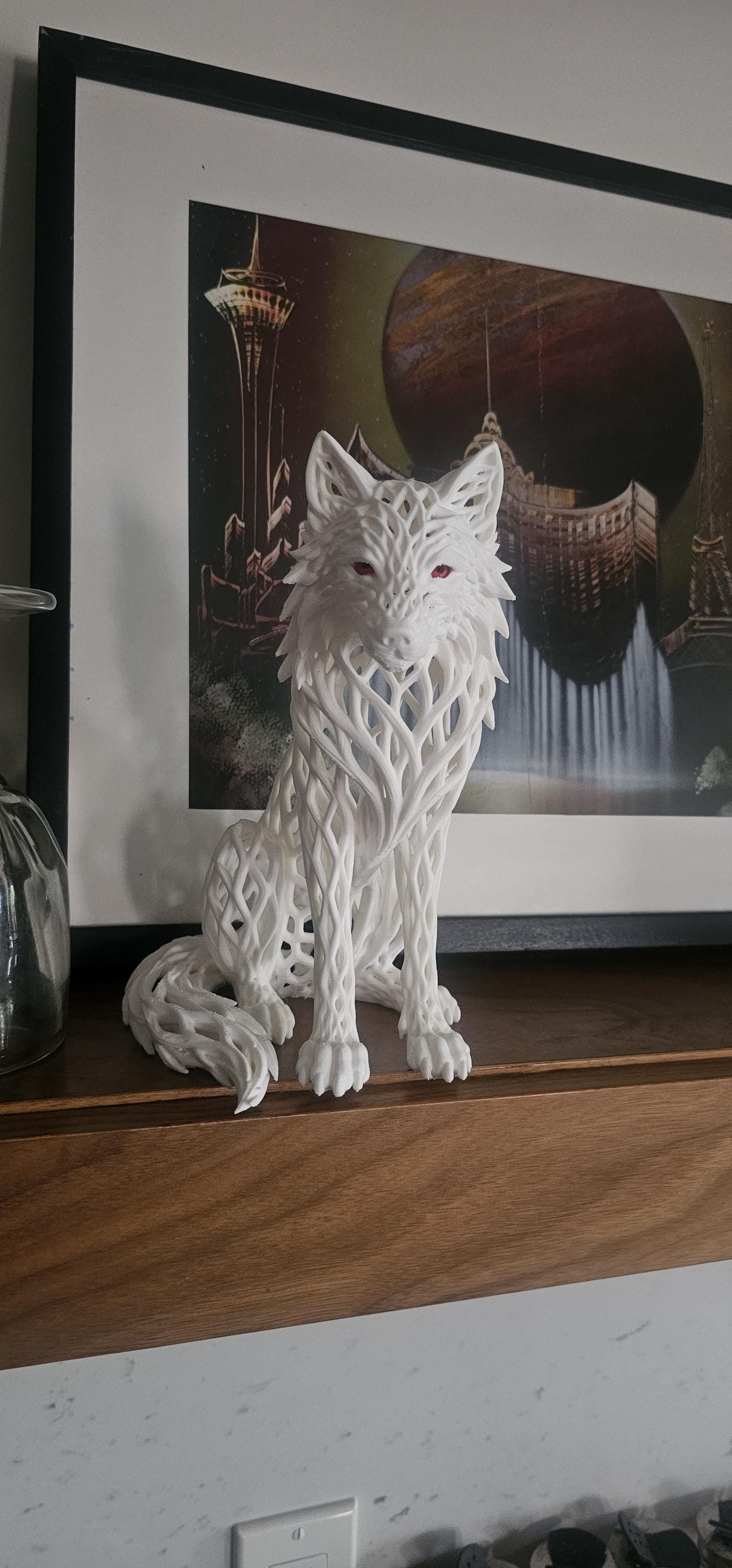Matte Black Wolf Sculpture with Red Eyes – Gothic Filigree Design