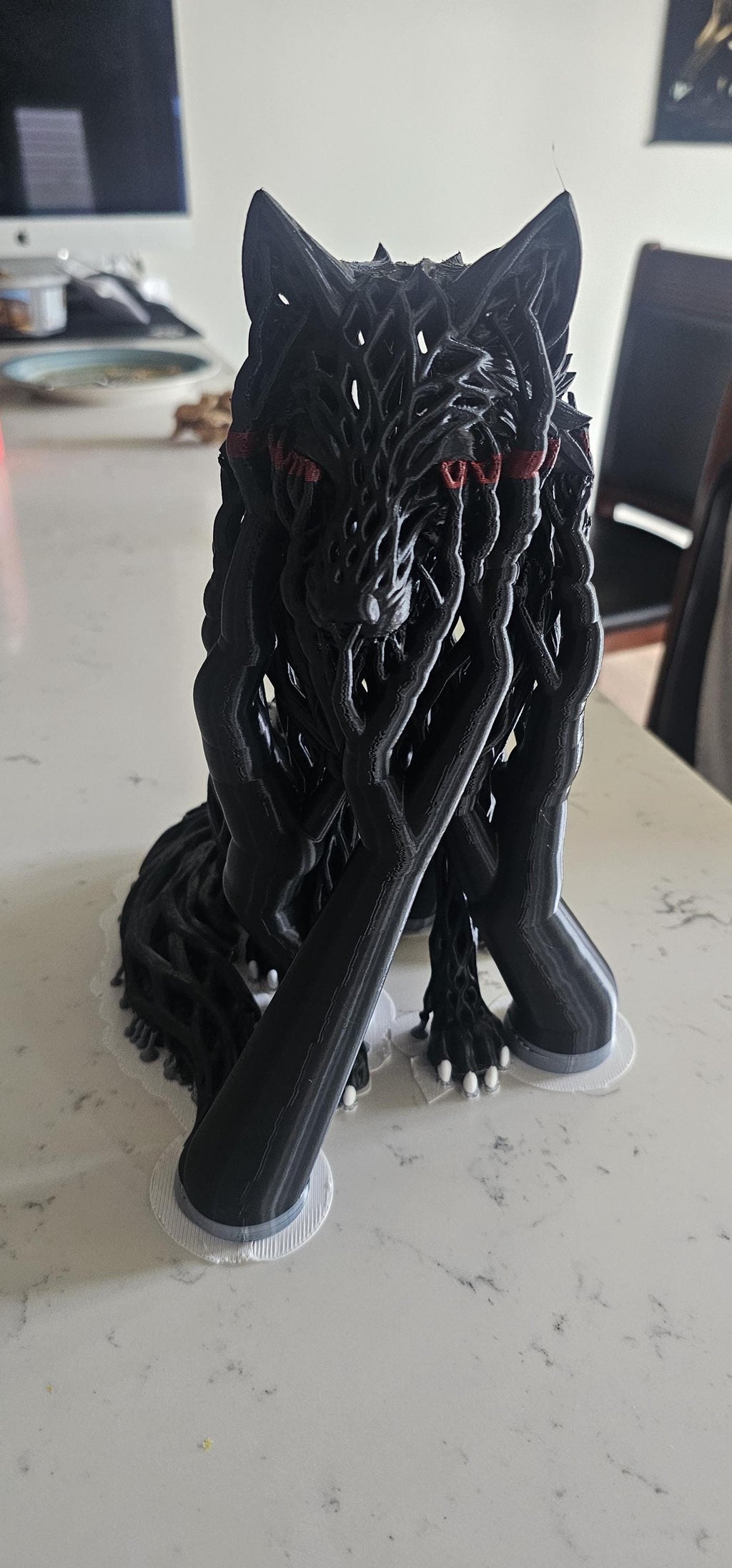 Matte Black Wolf Sculpture with Red Eyes – Gothic Filigree Design