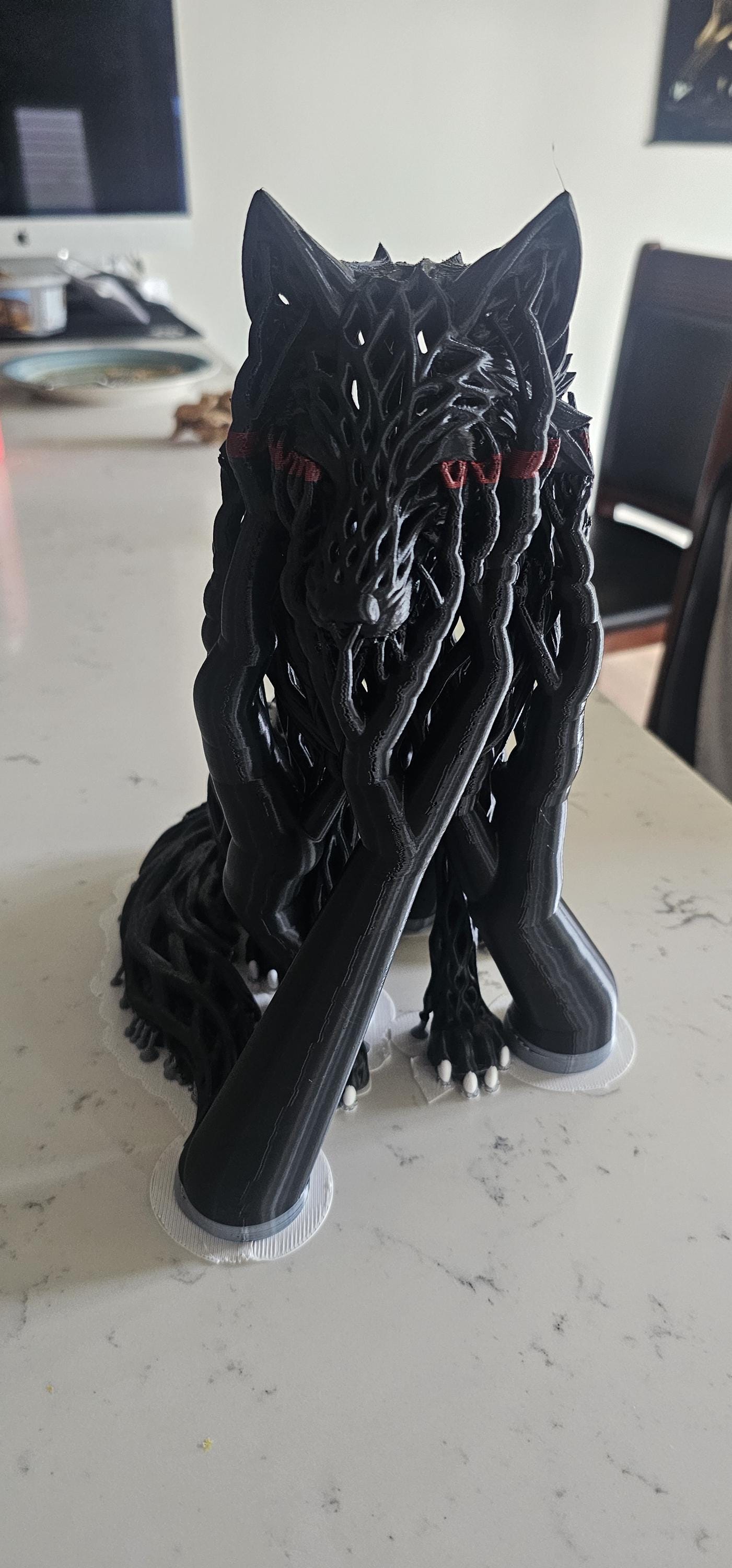 Matte Black Wolf Sculpture with Red Eyes – Gothic Filigree Design