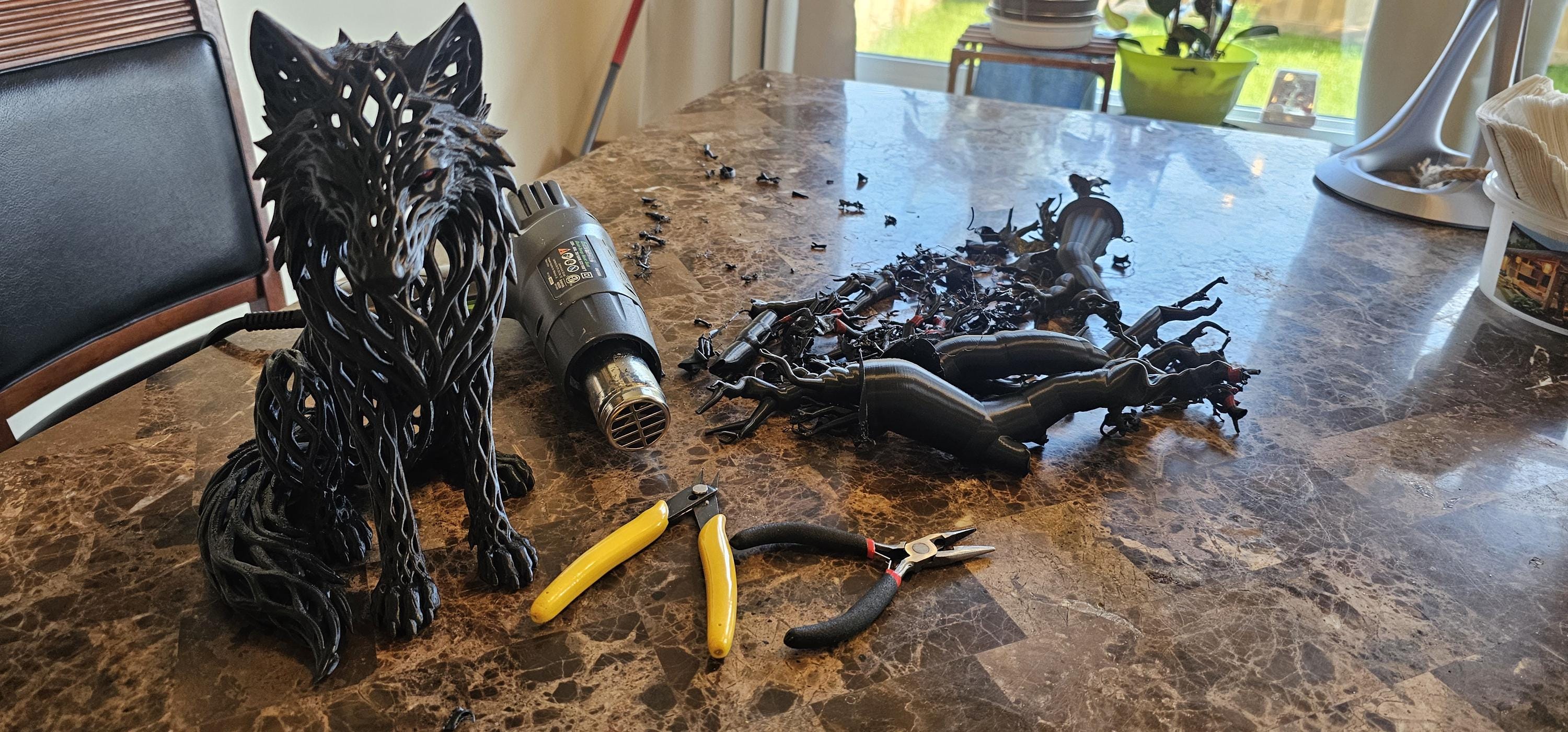 Matte Black Wolf Sculpture with Red Eyes – Gothic Filigree Design