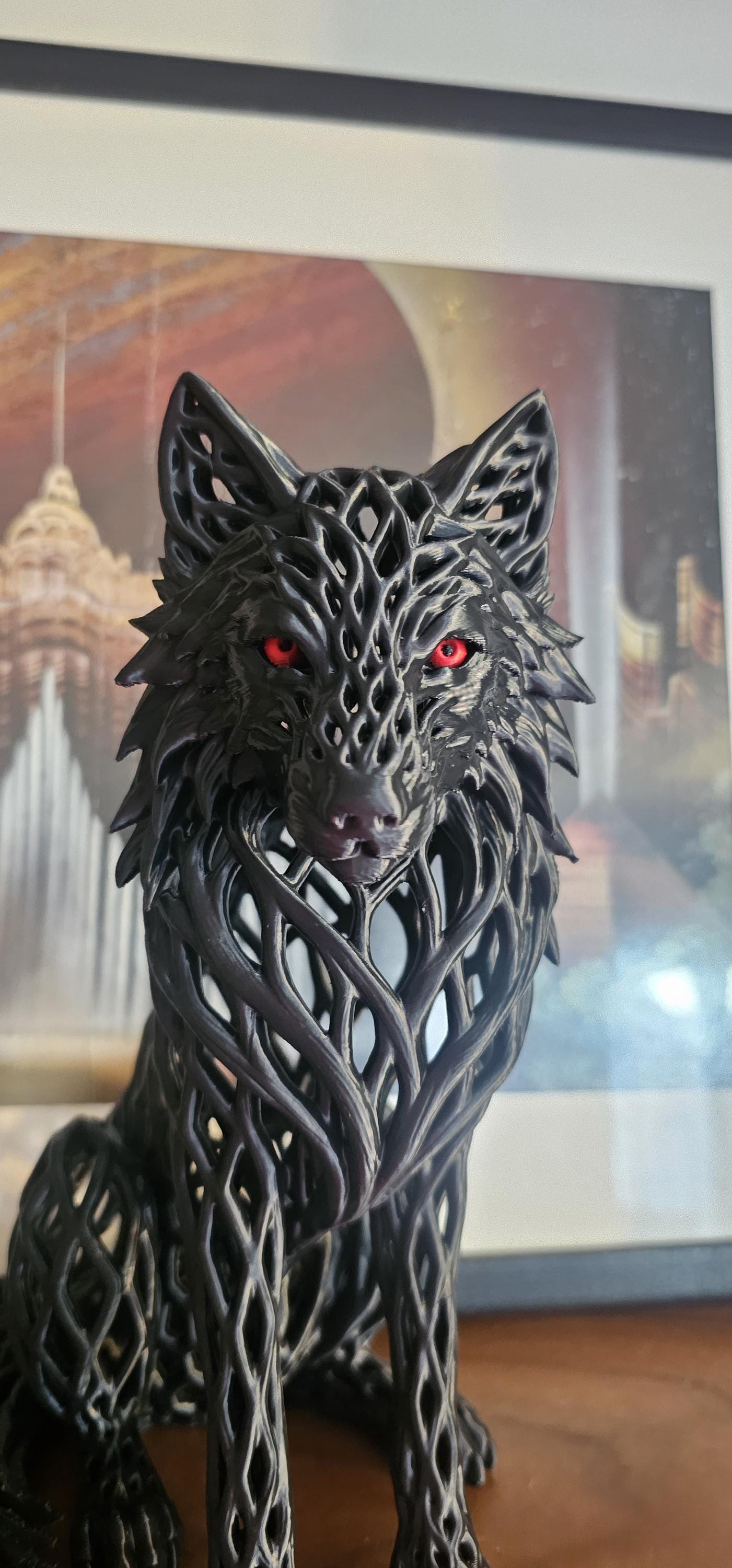 Matte Black Wolf Sculpture with Red Eyes – Gothic Filigree Design
