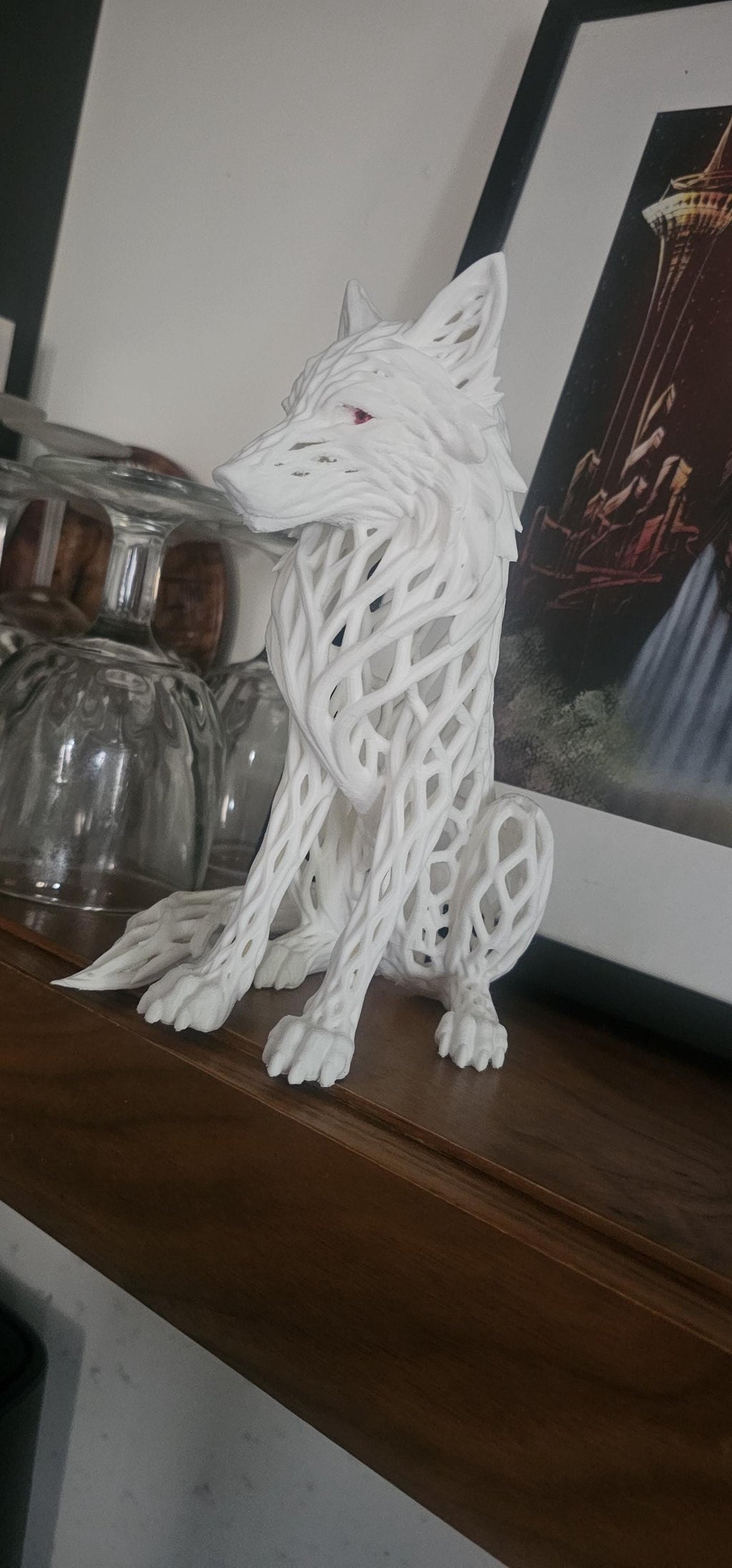 Matte Black Wolf Sculpture with Red Eyes – Gothic Filigree Design