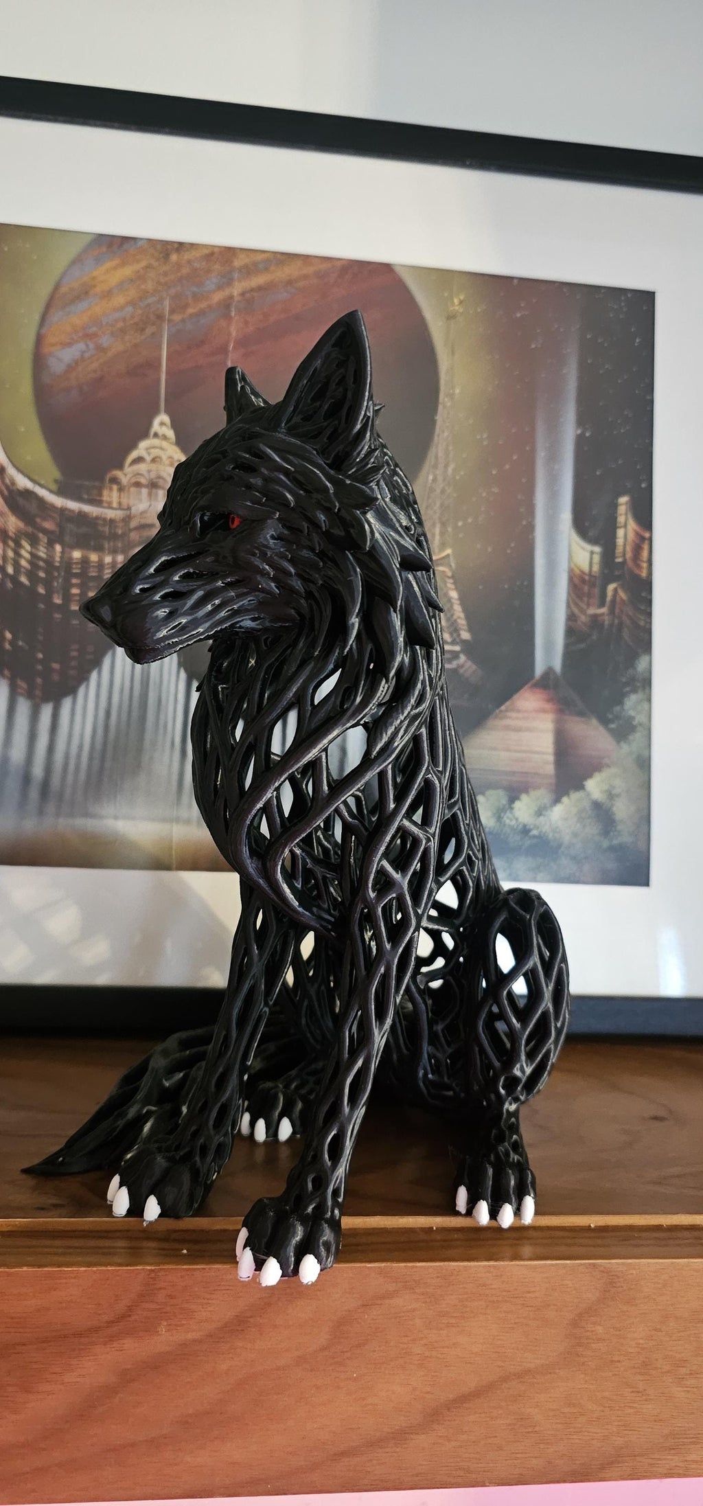 Matte Black Wolf Sculpture with Red Eyes – Gothic Filigree Design