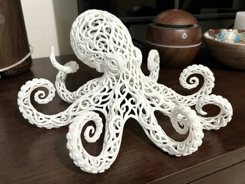 3D printed white filigree octopus sculpture